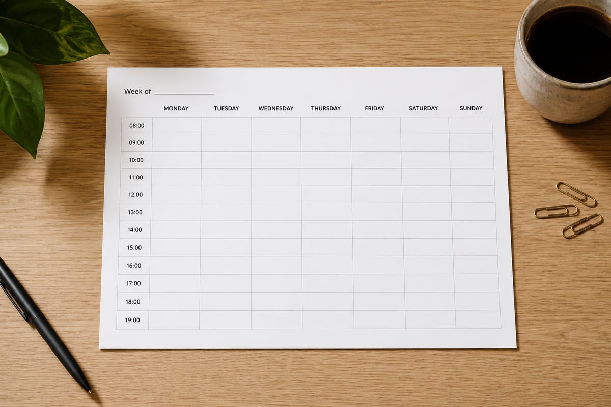 Planner semanal em PDF grátis para imprimir: uma folha A4 com horários sobre uma mesa