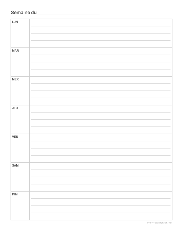 Blank weekly planner, US Letter 215.9 by 279.4 millimetres