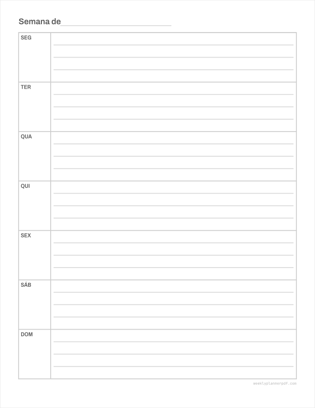 Blank weekly planner, US Letter 215.9 by 279.4 millimetres