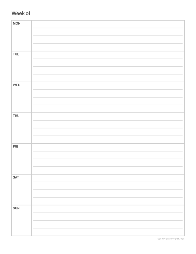 Blank weekly planner, US Letter 215.9 by 279.4 millimetres