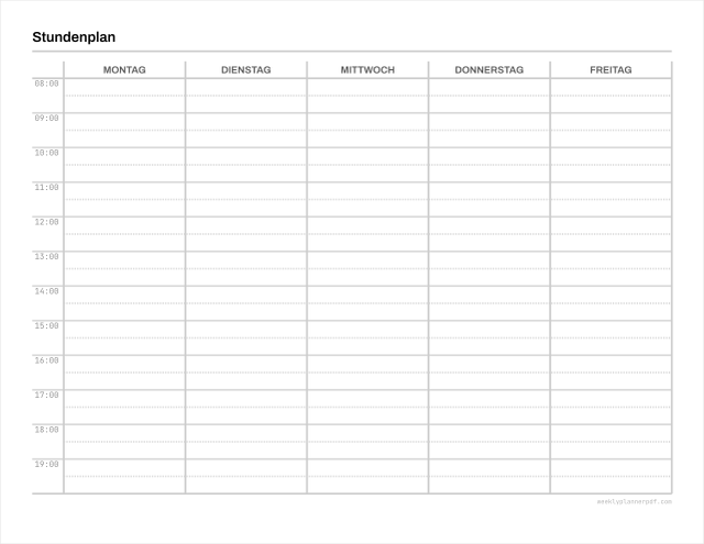 Weekly class schedule template, US Letter 215.9 by 279.4 millimetres