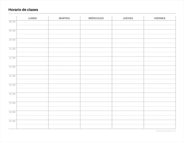 Weekly class schedule template, US Letter 215.9 by 279.4 millimetres