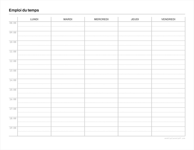 Weekly class schedule template, US Letter 215.9 by 279.4 millimetres