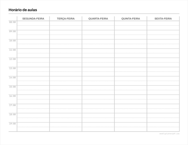 Weekly class schedule template, US Letter 215.9 by 279.4 millimetres