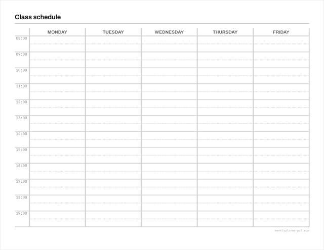 Weekly class schedule template, US Letter 215.9 by 279.4 millimetres