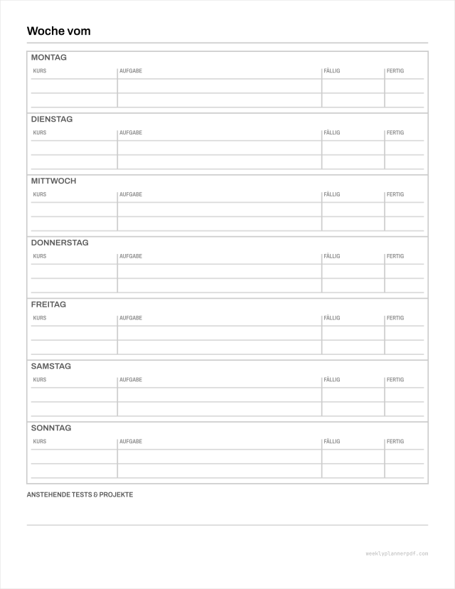 Homework planner, US Letter 215.9 by 279.4 millimetres