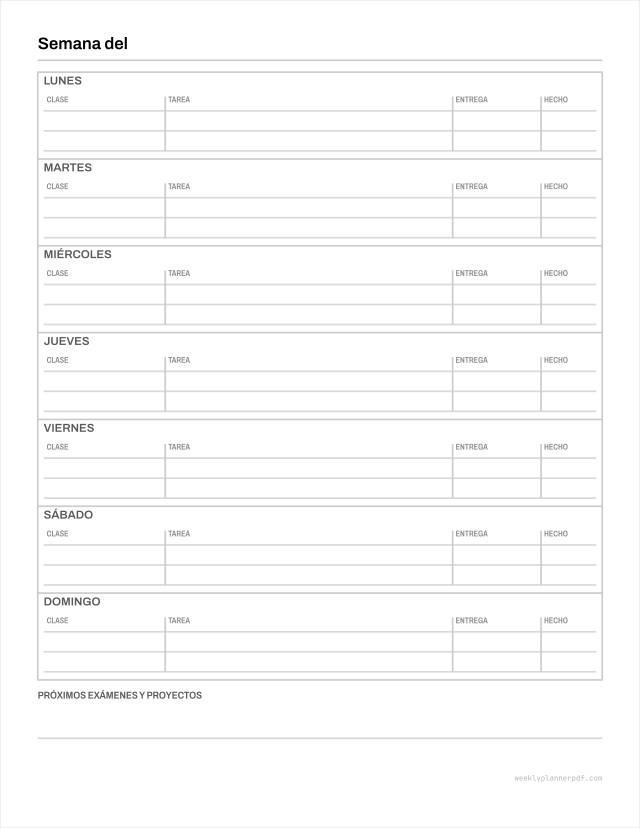 Homework planner, US Letter 215.9 by 279.4 millimetres
