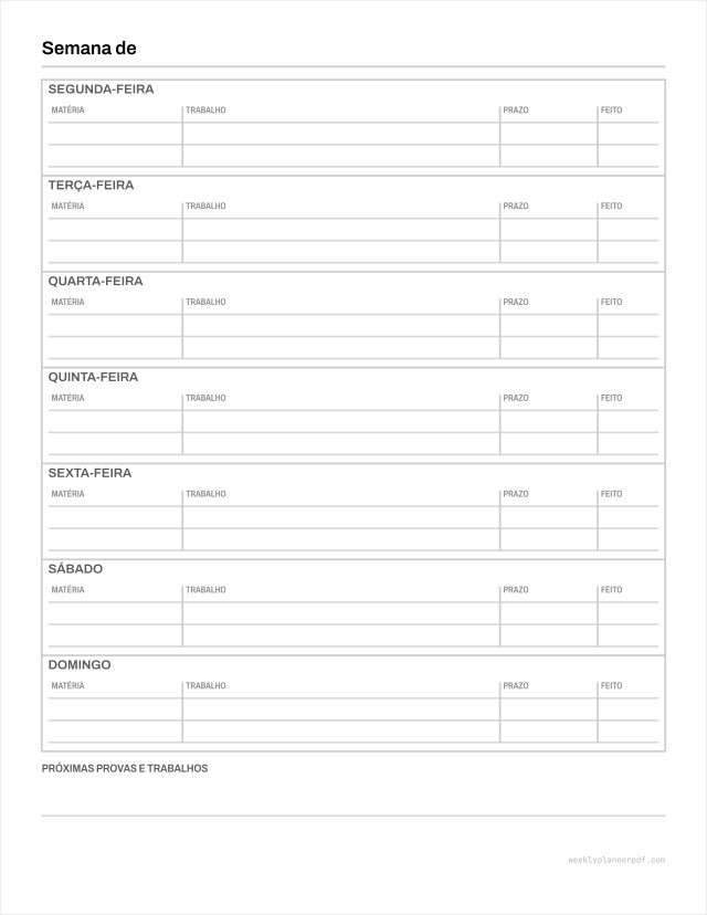 Homework planner, US Letter 215.9 by 279.4 millimetres