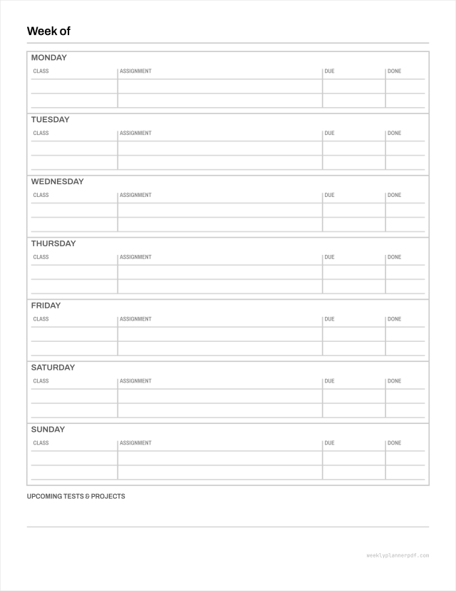 Homework planner, US Letter 215.9 by 279.4 millimetres