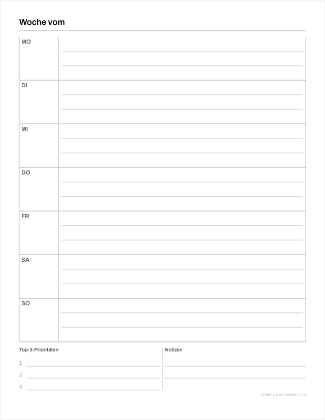 Horizontal weekly planner, US Letter 215.9 by 279.4 millimetres