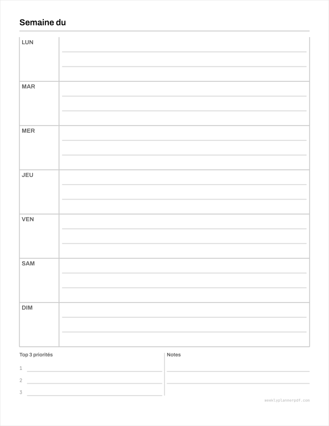 Horizontal weekly planner, US Letter 215.9 by 279.4 millimetres