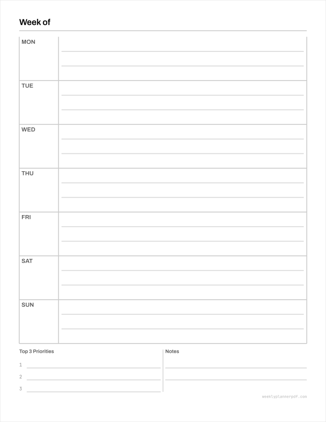 Horizontal weekly planner, US Letter 215.9 by 279.4 millimetres