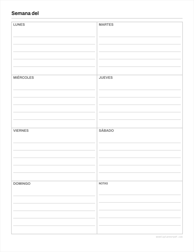 One page weekly planner, US Letter 215.9 by 279.4 millimetres
