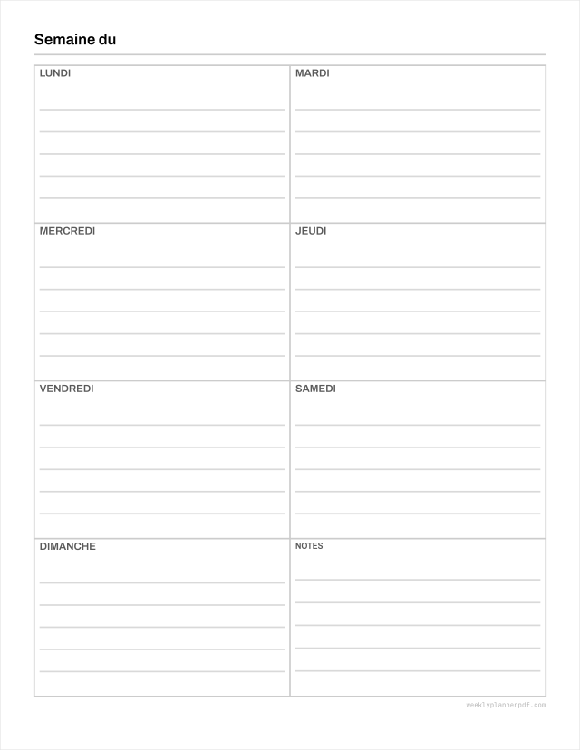 One page weekly planner, US Letter 215.9 by 279.4 millimetres