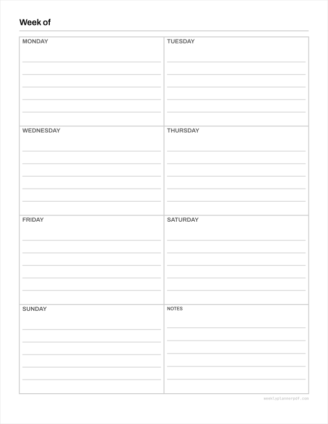 One page weekly planner, US Letter 215.9 by 279.4 millimetres