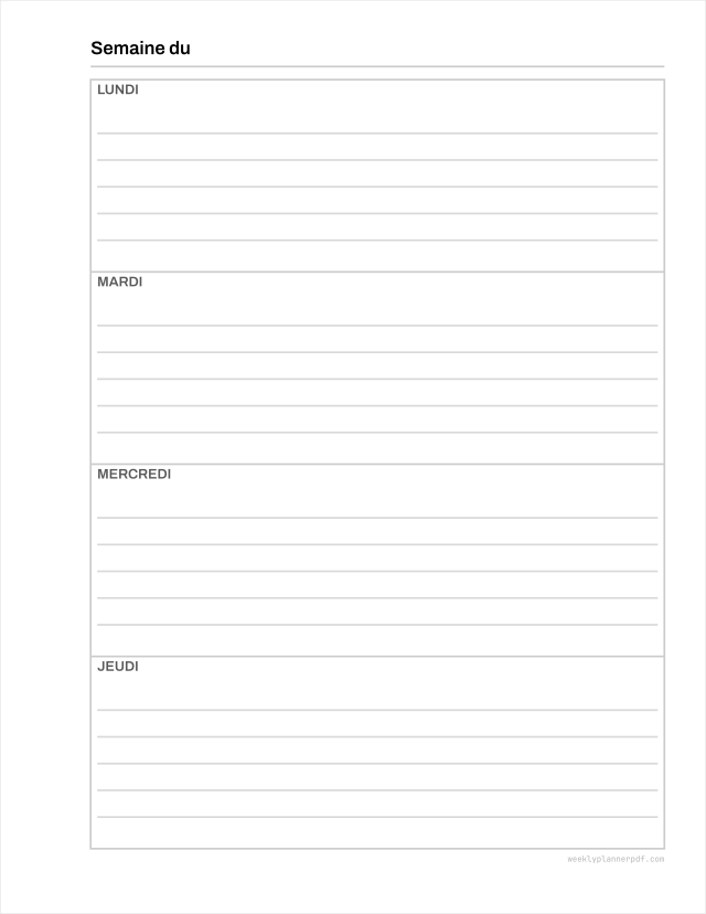 Two page weekly planner, US Letter 215.9 by 279.4 millimetres