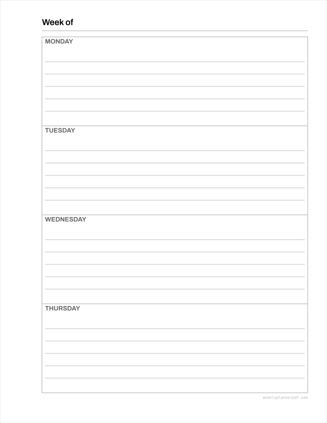 Two page weekly planner, US Letter 215.9 by 279.4 millimetres