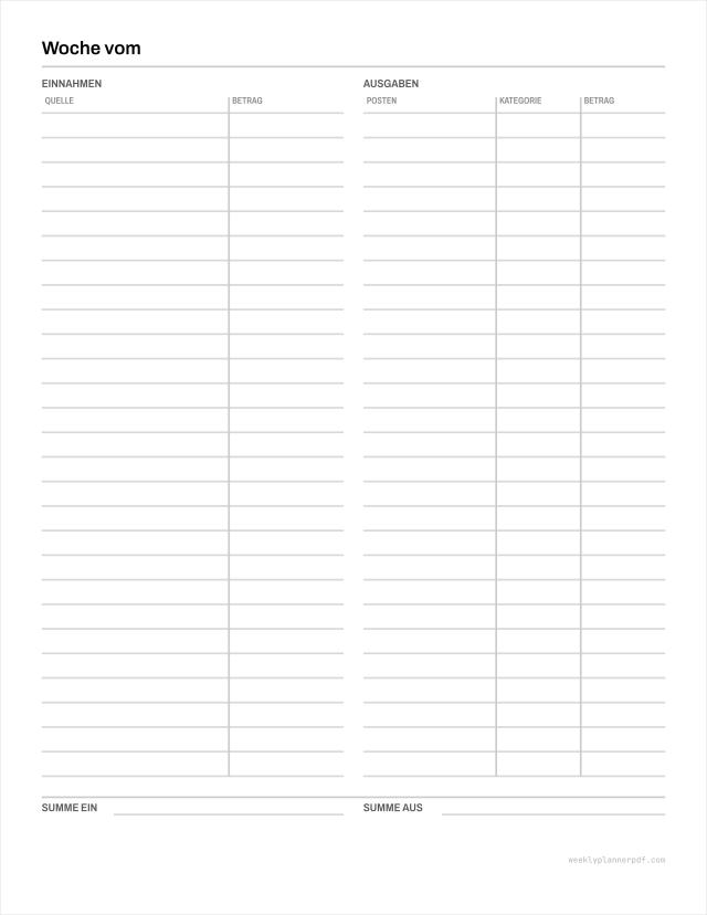 Weekly budget planner, US Letter 215.9 by 279.4 millimetres