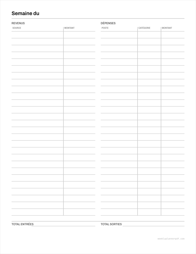 Weekly budget planner, US Letter 215.9 by 279.4 millimetres