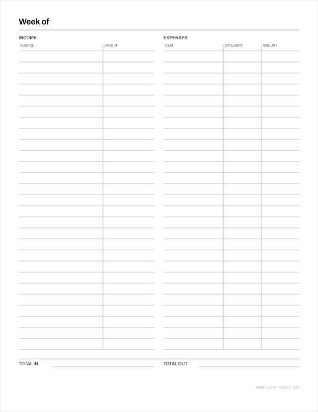 Weekly budget planner, US Letter 215.9 by 279.4 millimetres