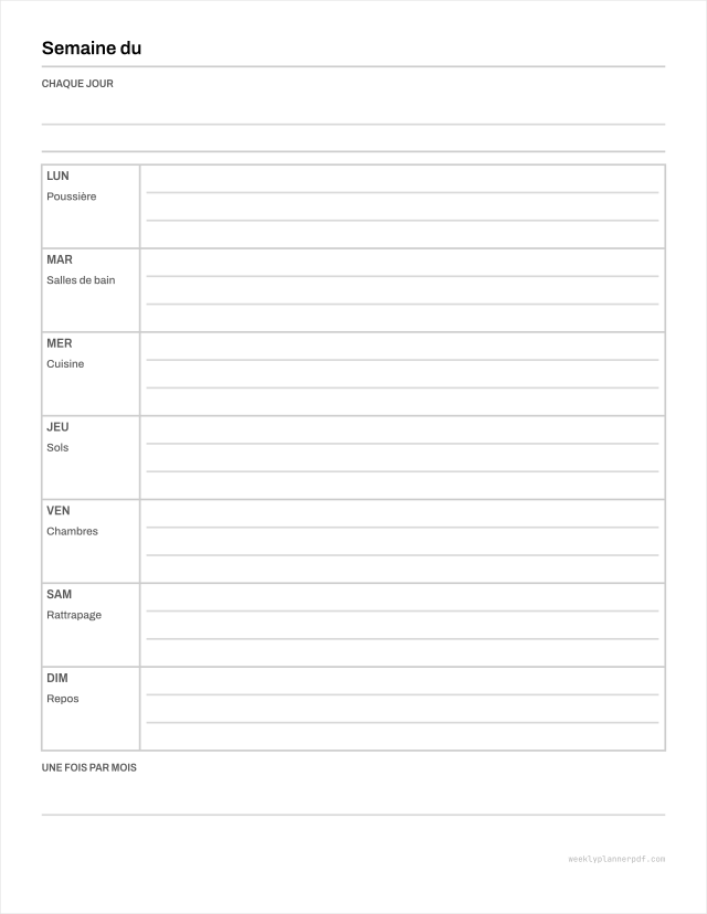 Weekly cleaning schedule, US Letter 215.9 by 279.4 millimetres