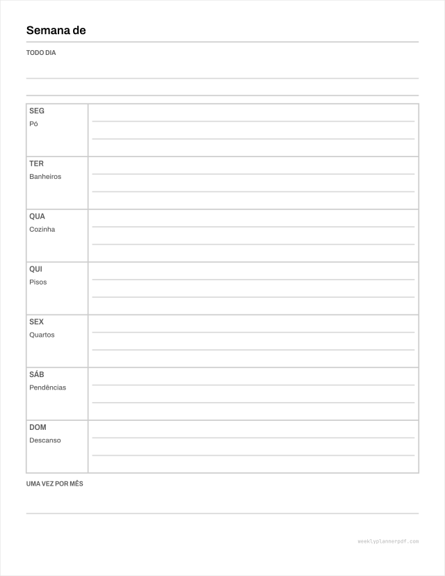 Weekly cleaning schedule, US Letter 215.9 by 279.4 millimetres