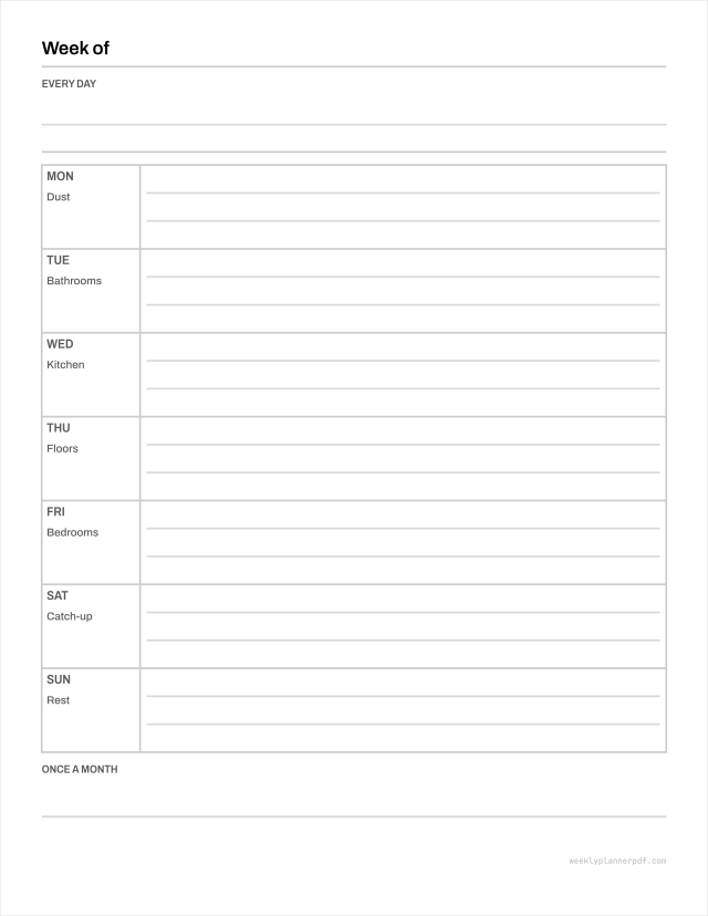 Weekly cleaning schedule, US Letter 215.9 by 279.4 millimetres