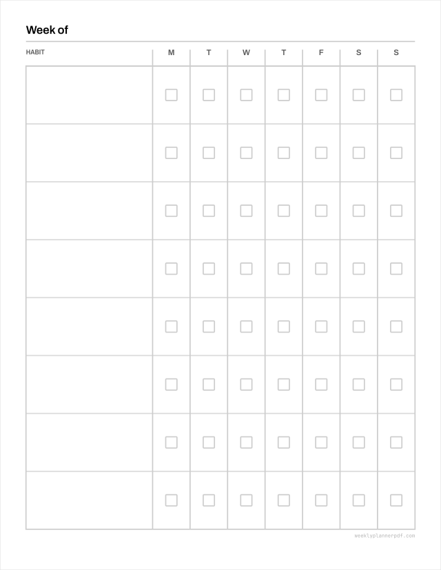 Weekly habit tracker, US Letter 215.9 by 279.4 millimetres
