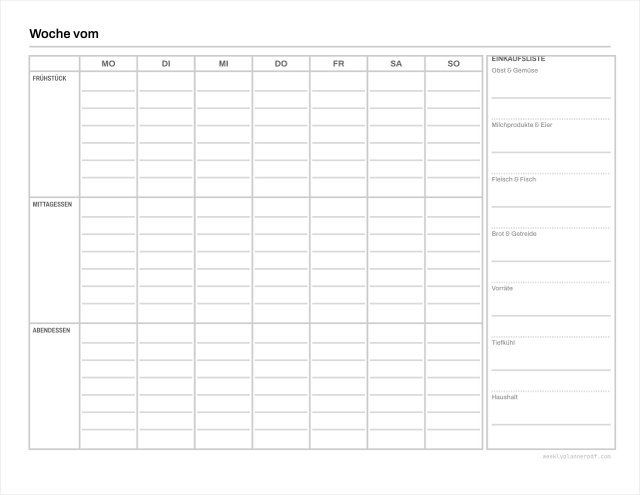 Weekly meal planner, US Letter 215.9 by 279.4 millimetres