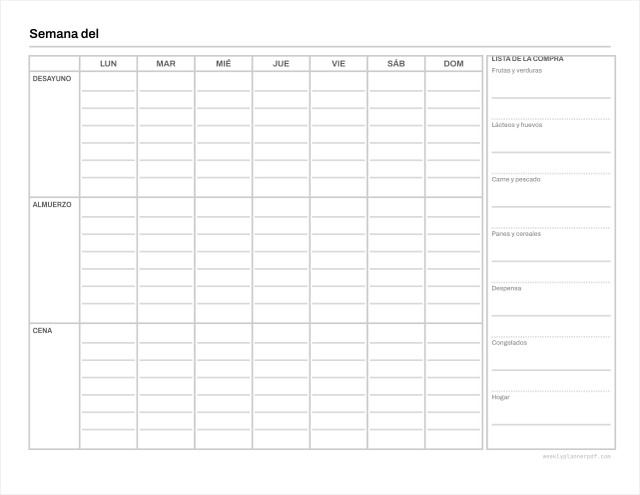 Weekly meal planner, US Letter 215.9 by 279.4 millimetres