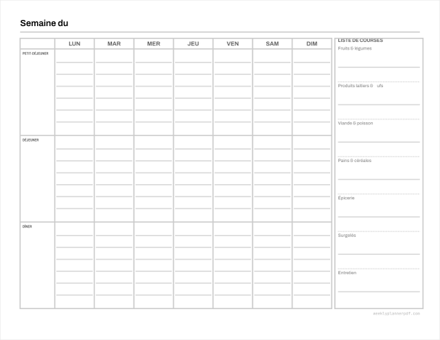 Weekly meal planner, US Letter 215.9 by 279.4 millimetres