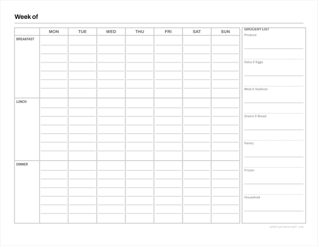 Weekly meal planner, US Letter 215.9 by 279.4 millimetres