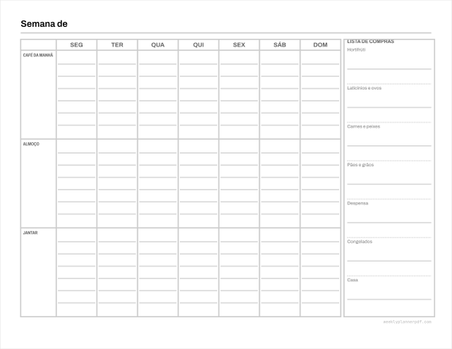 Weekly meal planner with grocery list, US Letter 215.9 by 279.4 millimetres