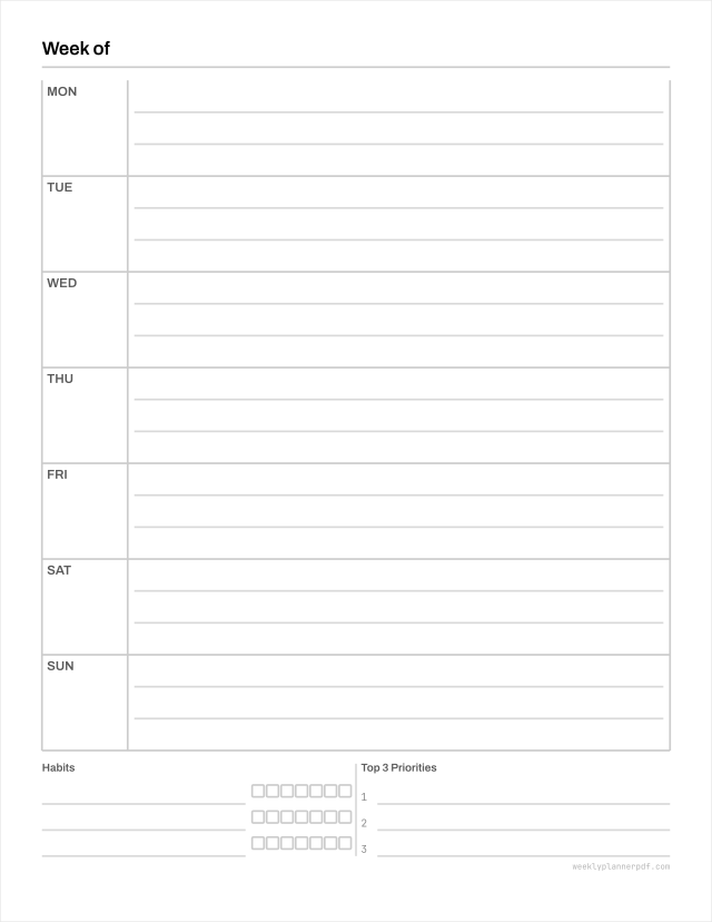 Weekly planner with habit tracker, US Letter 215.9 by 279.4 millimetres