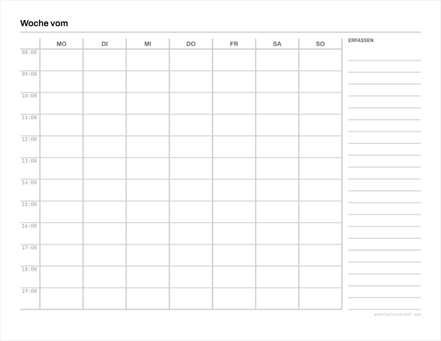 Weekly time blocking template, US Letter 215.9 by 279.4 millimetres
