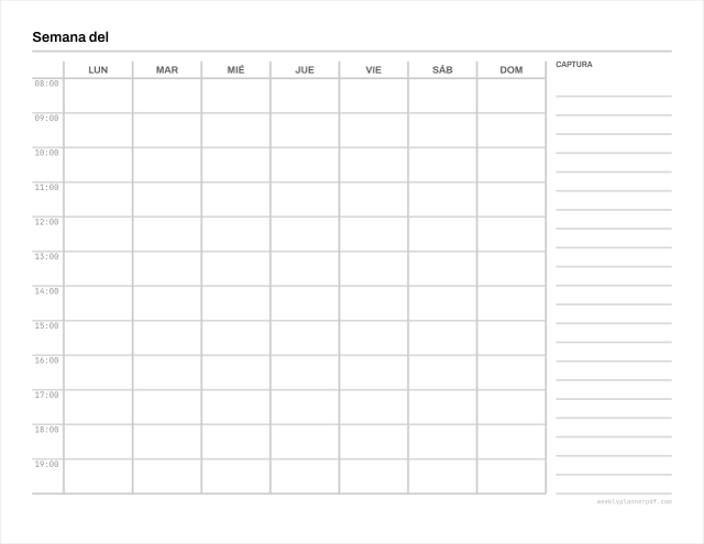 Weekly time blocking template, US Letter 215.9 by 279.4 millimetres