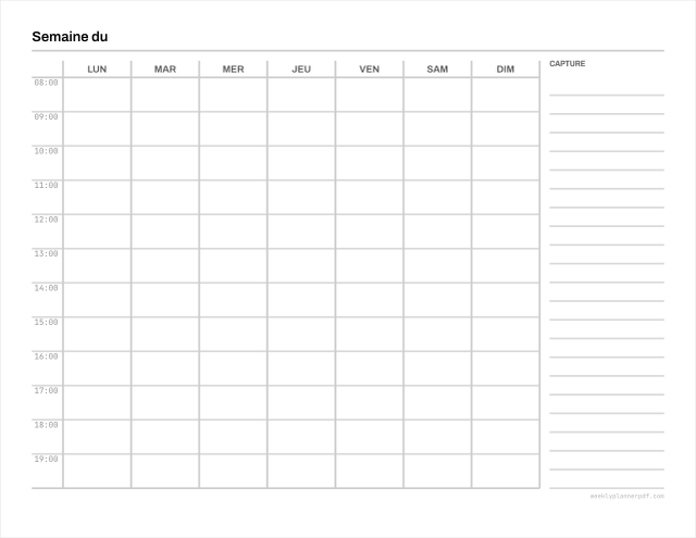 Weekly time blocking template, US Letter 215.9 by 279.4 millimetres