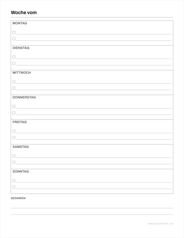 Weekly to do list, US Letter 215.9 by 279.4 millimetres