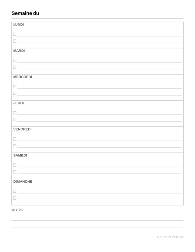 Weekly to do list, US Letter 215.9 by 279.4 millimetres