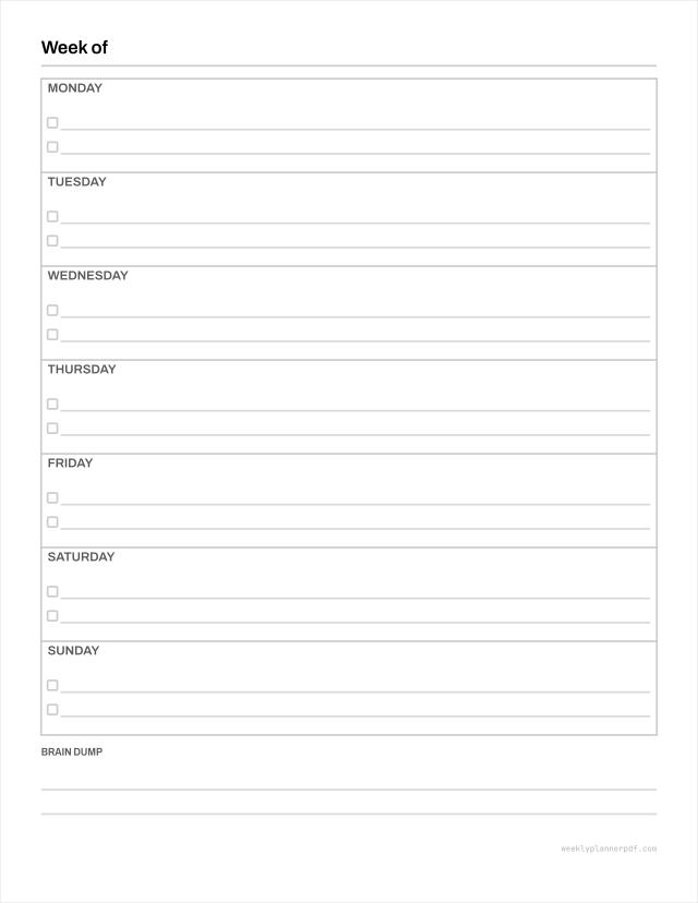 Weekly to do list, US Letter 215.9 by 279.4 millimetres