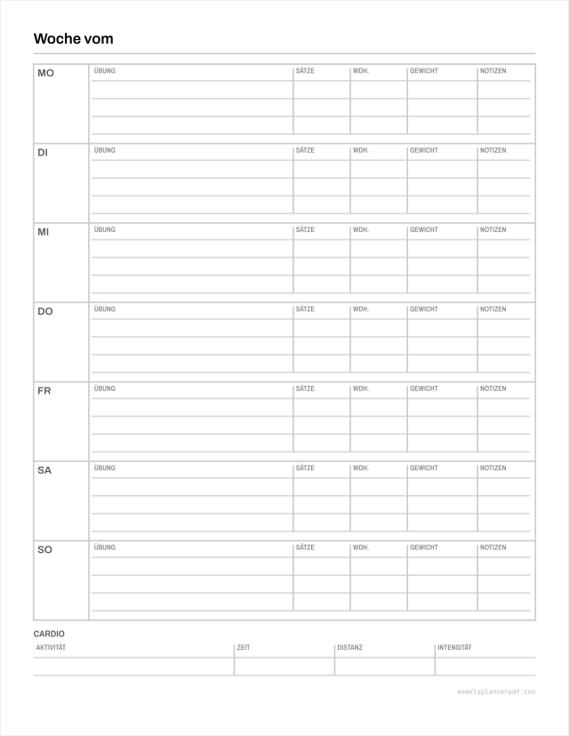 Weekly workout schedule, US Letter 215.9 by 279.4 millimetres