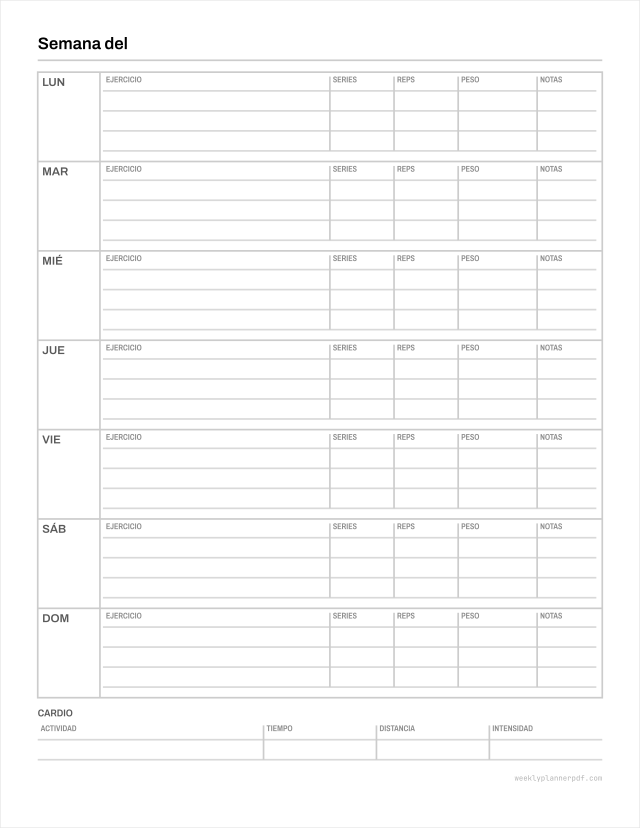 Weekly workout schedule, US Letter 215.9 by 279.4 millimetres