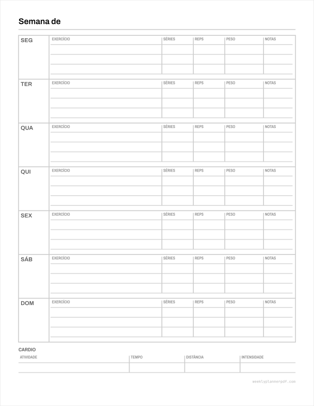Weekly workout schedule, US Letter 215.9 by 279.4 millimetres