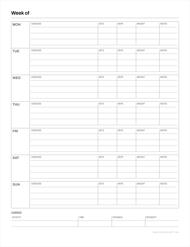 Weekly workout schedule, US Letter 215.9 by 279.4 millimetres